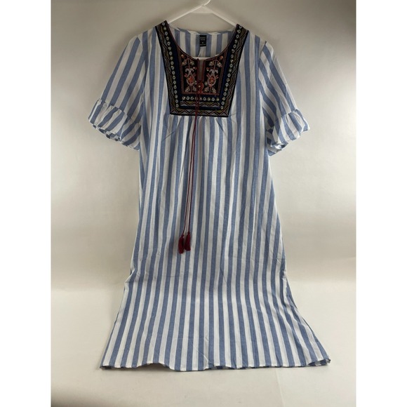 Emery Rose Dresses & Skirts - Emery Rose Dress Women's Size M Blue White Striped Midi Bohemian Tassel Necktie